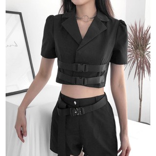 (Kèm Belt) ÁO VEST KAKI CROPTOP KHUY CÀI MÀU ĐEN - ÁO CROPTOP KAKI ĐEN ĐAI BỤNG