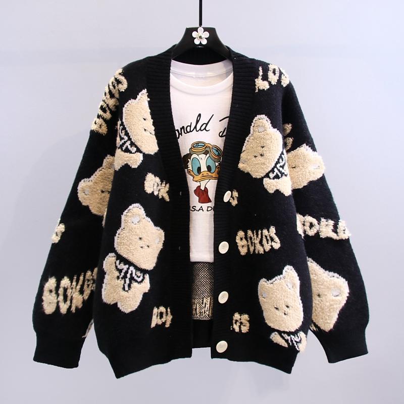 Áo Khoác Cardigan Thêu Gấu Áo Cardigan Dệt Kim Phong Cách Học Đường Dễ Phối Rộng Rãi Cho Nữ