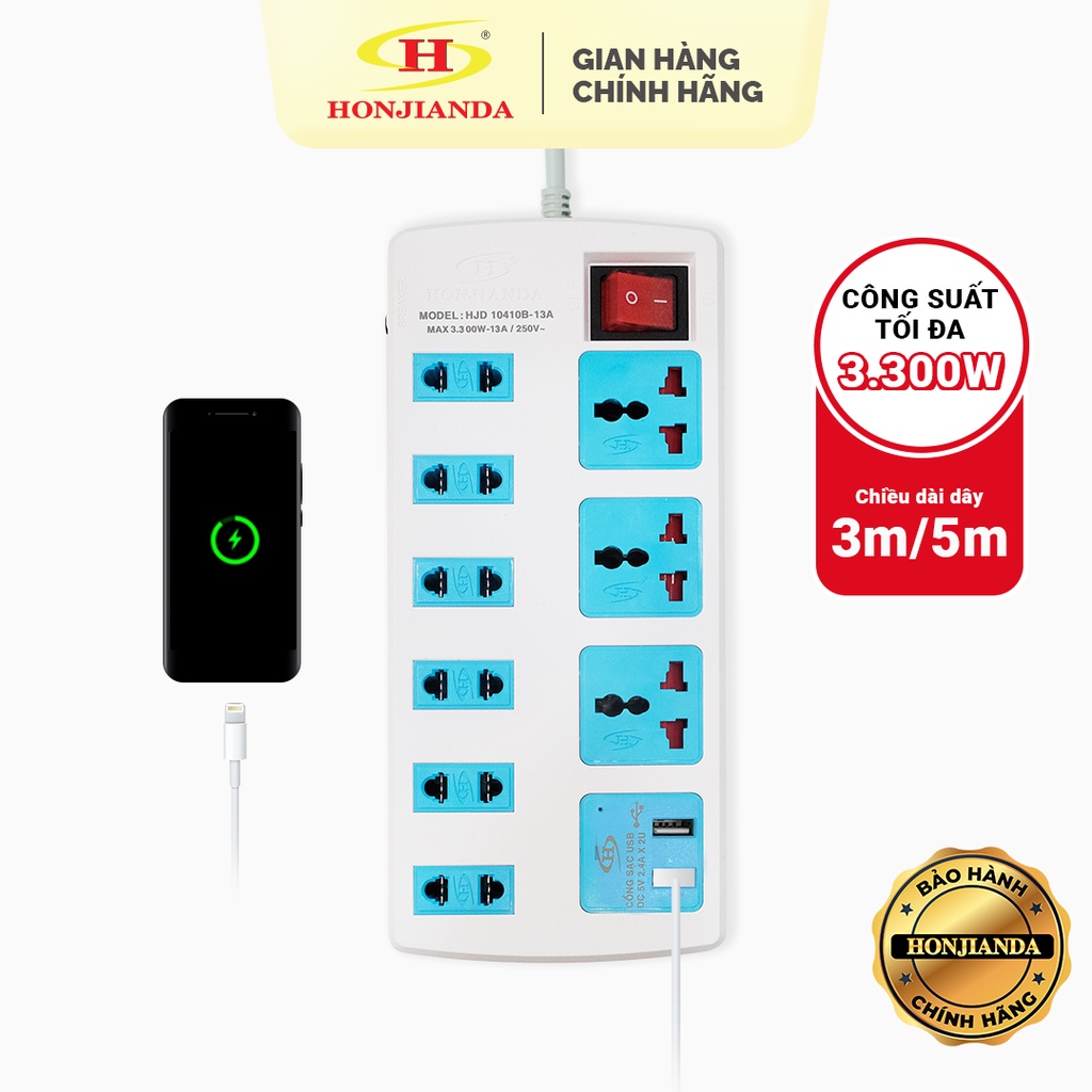 Ổ cắm điện Honjianda Mã 10/11 3300W dây dài 3 mét - cầu chì chống quá tải chịu nhiệt tốt