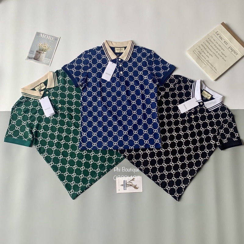 áo thun polo nam nữ cổ bẻ ngắn tay hoạ tiết in kín gu xì cổ đức