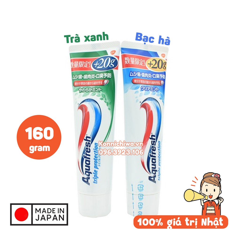 Kem Đánh Răng AQUA FRESH Trà Xanh và Bạc Hà 160g | hàng nội địa Nhật