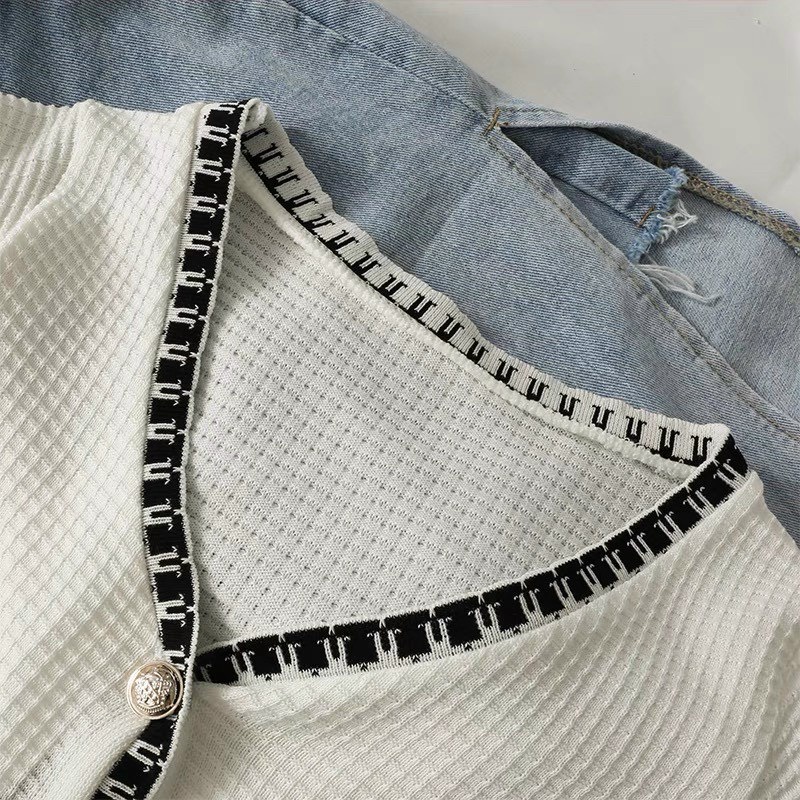 Áo croptop chất len, áo len mongtoghi mùa hè cài khuy đồng hàng Quảng Châu AL002