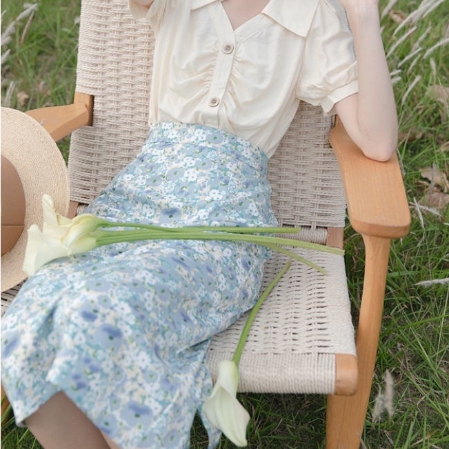 Chân váy IELGY dáng chữ A lưng cao họa tiết hoa nhí xinh xắn phong cách retro kiểu Pháp