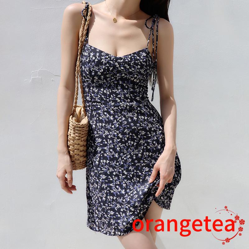 ORT-Women Backless Floral Print V-neck Slim-fit Tie-up Dress