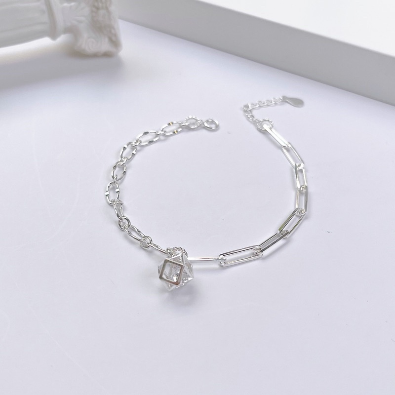 Lắc tay bạc nữ đai xích charm lập phương tâm pha lê cá tính LT012 - Cam kết chuẩn bạc