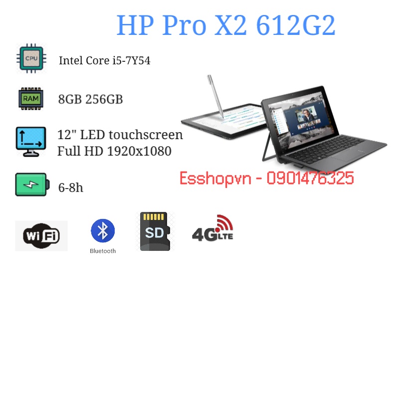 Laptop 2 trong 1 HP Pro X2-612G2 màn hình cảm ứng 12 inch Full HD Core i5-7Y54 8GB 256GB SSD - Likenew 99%