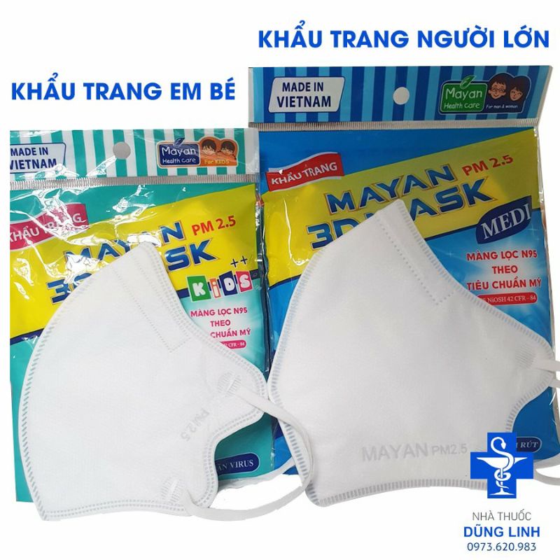 Khẩu trang Mayan 3D mask Medi cao cấp của trẻ em (kids) và người lớn gói 5 cái màng lọc n95 tái sử dụng nhiều lần