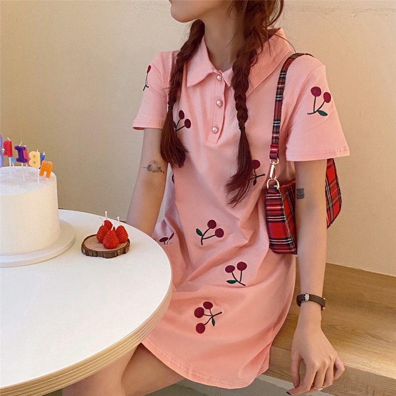 SUXI New Korean Embroidery Cherry Short Sleeve Women Polo Collar Shirt Dress