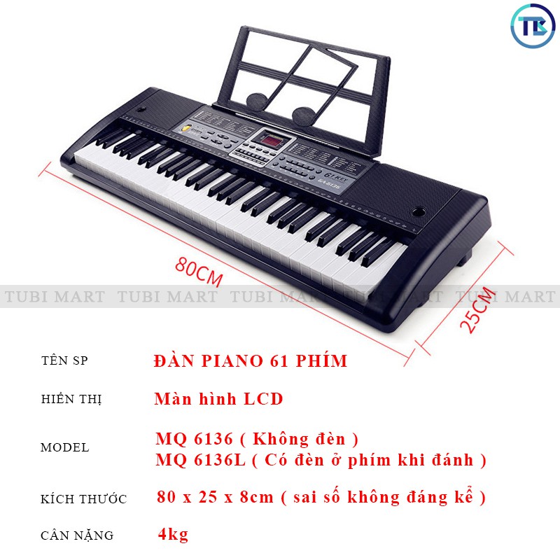 - Đàn Piano điện, Đàn Organ Electronic Keyboard 61 phím cho người mới học – TB02