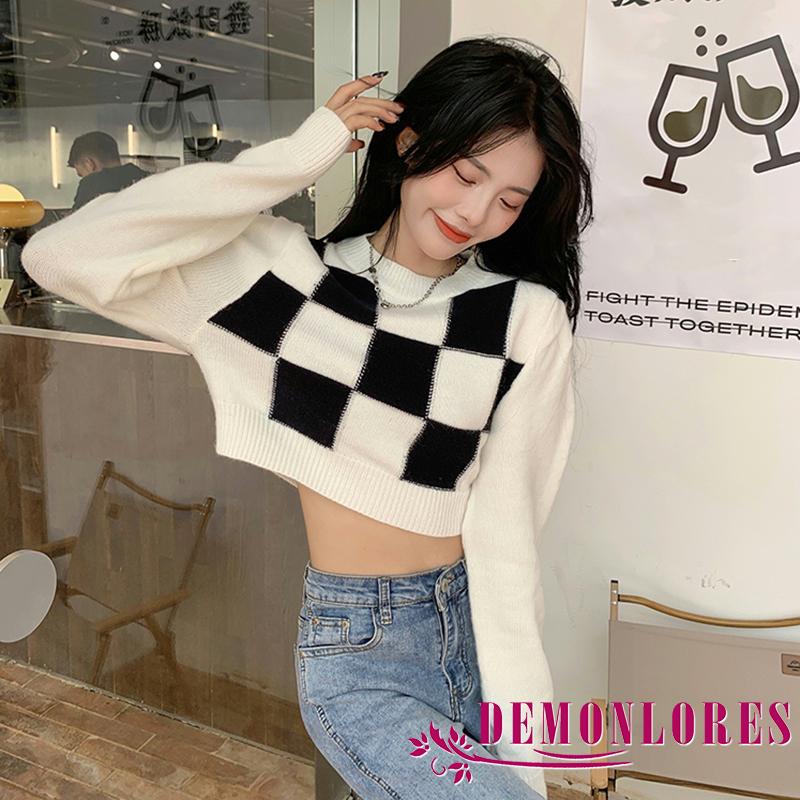 Áo croptop chui đầu tay dài cổ tròn họa tiết kẻ sọc caro thời trang cho nữ