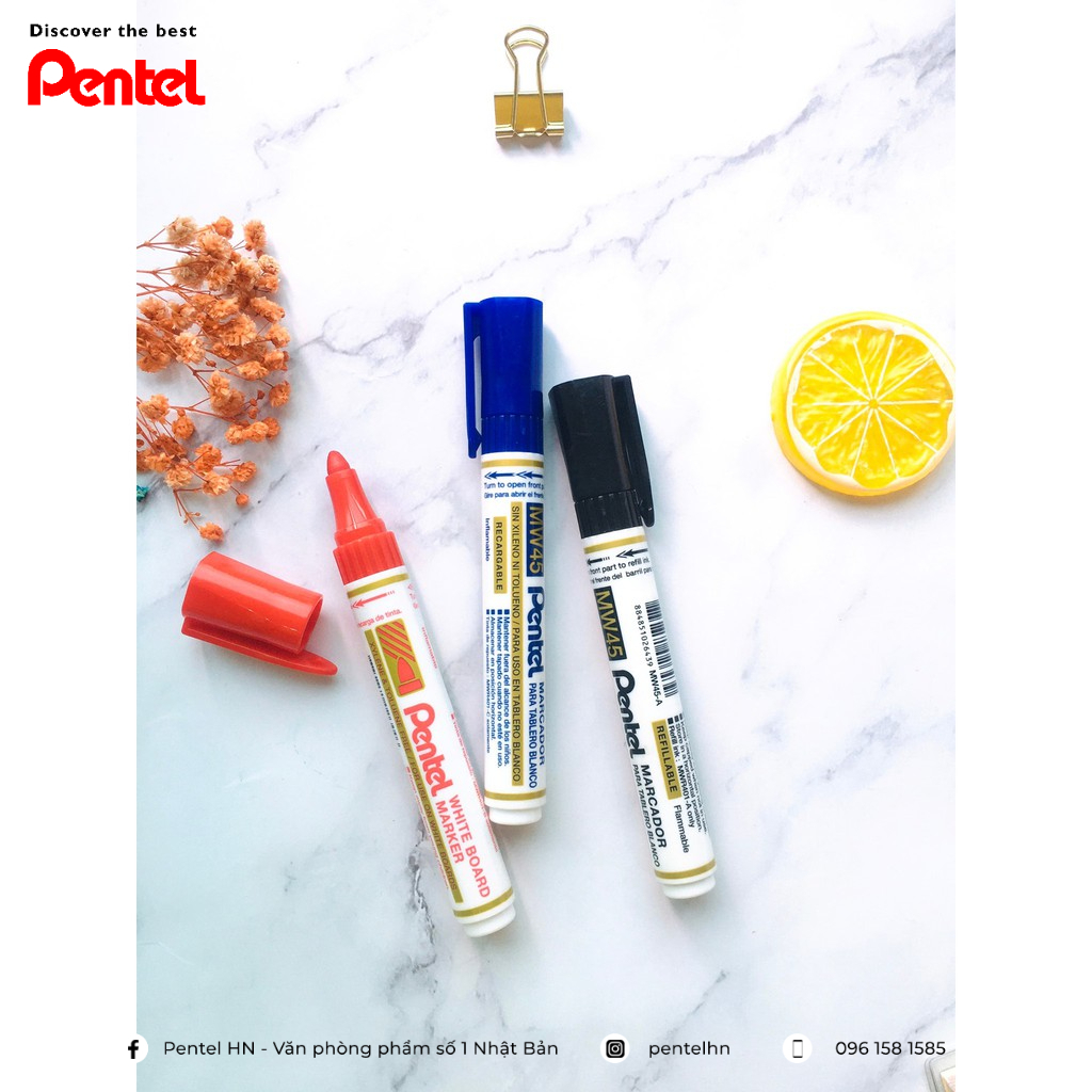 Bút Dạ Bảng Pentel MW45 | Thiết Kế Xoay Có Thể Thay Mực | Màu Mực Sáng, Đậm, Dễ Lau Chùi