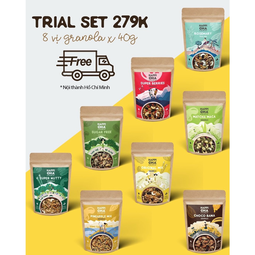 Set ăn xế nhẹ nhàng HAPPI OHA gồm 4 sản phẩm granola, bánh gạo, bơ hạt, biscotti