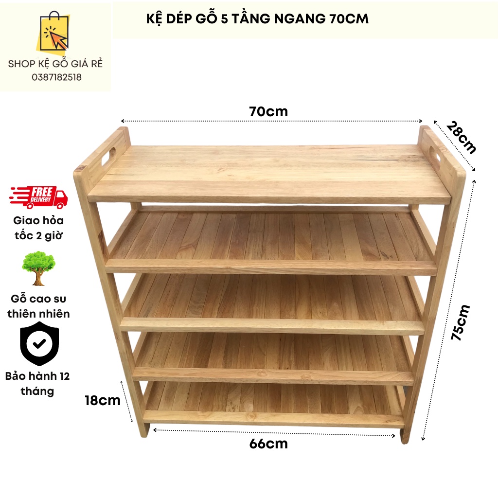 Kệ Để Giày Dép Gỗ Ngang 64cm-70cm Cao 3-4-5-6 Tầng Kèm Quai Sách