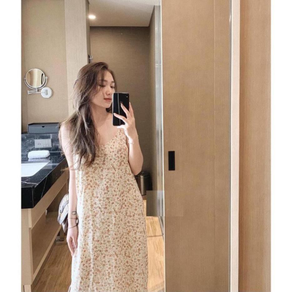 Váy 2 Dây Hoa Nhí Cam   Nữ [] 🌸 Đầm midi maxi mặc đi biển, dáng suông dài cổ tim bánh bèo Ulzzang 🌸