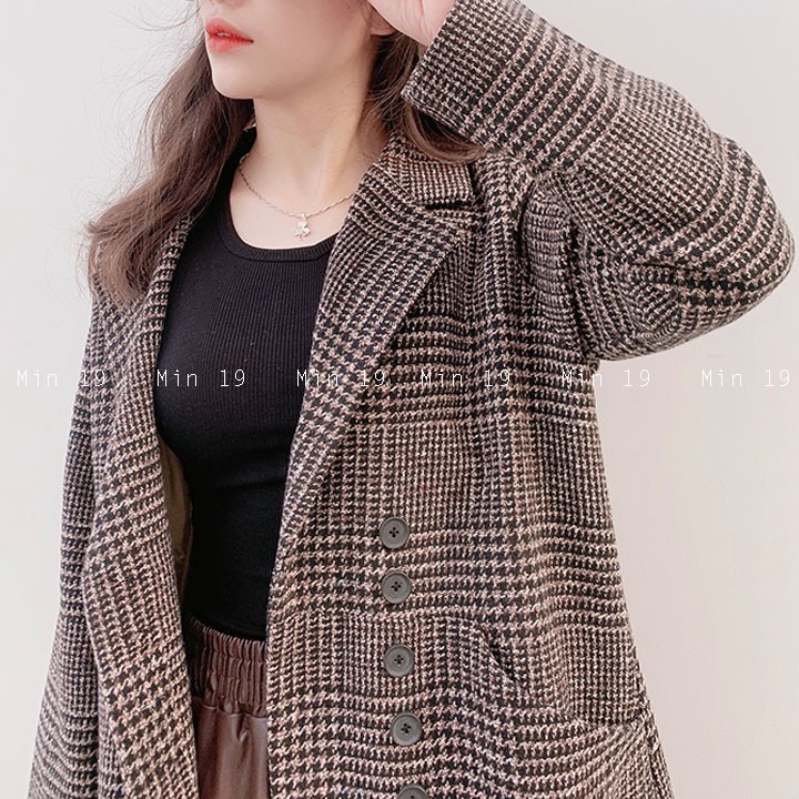 Áo vest nữ blazer công sở Hàn Quốc 2 lớp kẻ caro dáng dài form rộng bigsize cá tính màu đen nâu thời trang | BigBuy360 - bigbuy360.vn