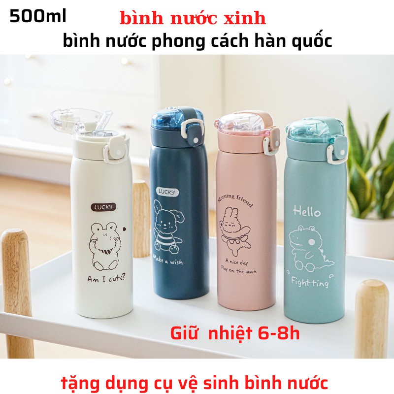 Bình giữ nhiệt INOX 304 dung tích 500ml bình nước giữ nhiệt họa tiết dễ thương có ống hút