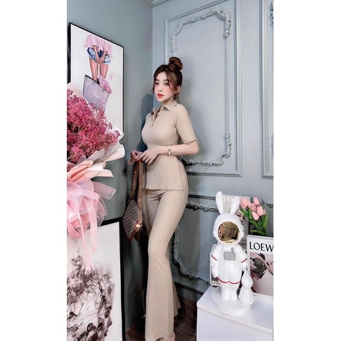 Set Đồ bộ thun gân, áo polo xẻ tà quần ống loe đủ size 45-70kg