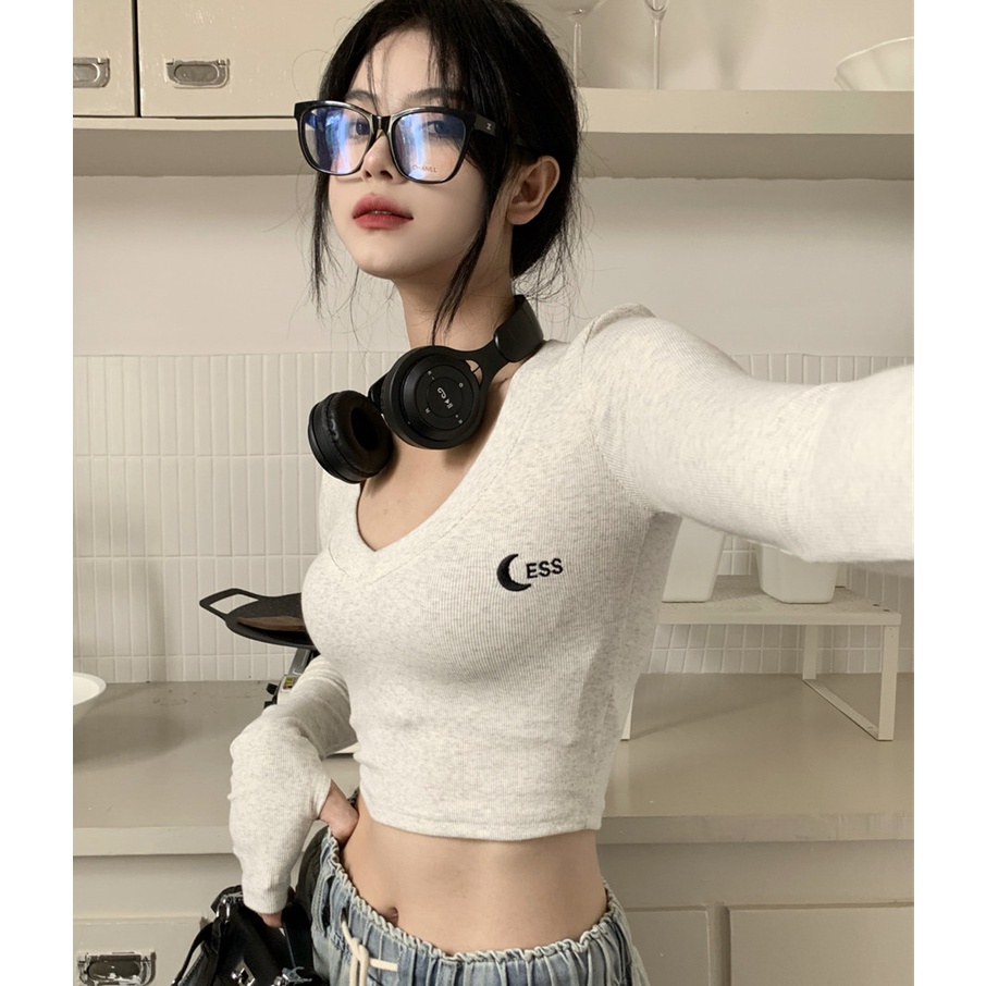 Áo Thun Lửng Tay Dài Cổ V Thêu Hình Mặt Trăng Thời Trang Mùa Thu Cho Nữ