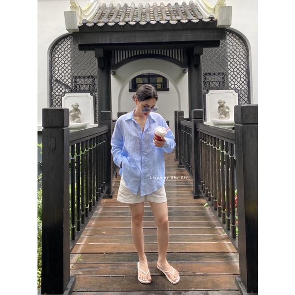 SHU SHI - Áo Sơ Mi 1 Túi Pure Linen Xanh Dương