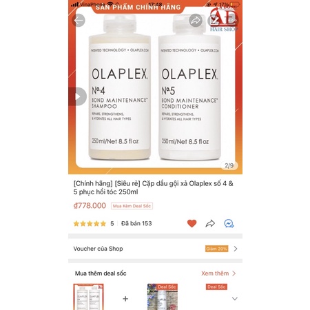 [Chính hãng] [Siêu rẻ] Cặp dầu gội xả Olaplex số 4 &amp; 5 phục hồi tóc 250ml