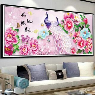 Tranh thêu chữ thập chim công hoa khai phú quý 120*65cm