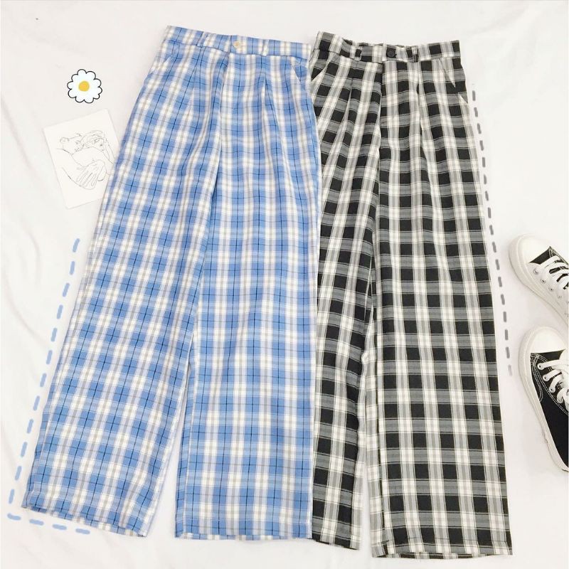 [AN MỘC] Quần suông kẻ caro uzzlang xanh, đen from dài 100cm hàng đẹp k nhăn, k xù lông
