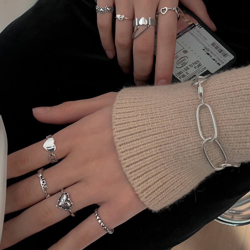 Bộ 5 Nhẫn Dạng Mở Phối Dây Xích Và Trái Tim Có Thể Điều Chỉnh Thời Trang Cho Nữ