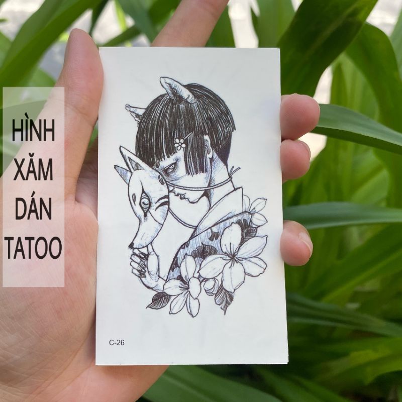 Hình xăm cô gái mặt nạ yêu tinh c26. Tatoo dán tạm thời size &lt;10x6cm. Tomie style