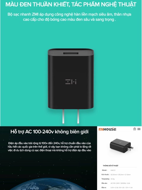 Củ Sạc nhanh QC 3.0 18W XIAOMI ZMI HA612 QC 3.0 18W - chuẩn An Toàn 3C Quốc Tế