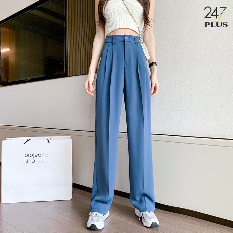 Quần ống rộng cạp cao dài 100cm màu xanh tôn dáng