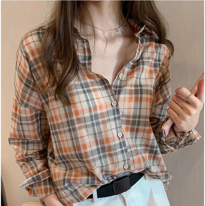 Áo Sơ Mi Nữ Dáng Rộng Họa Tiết Caro Phong Cách Retro Mới