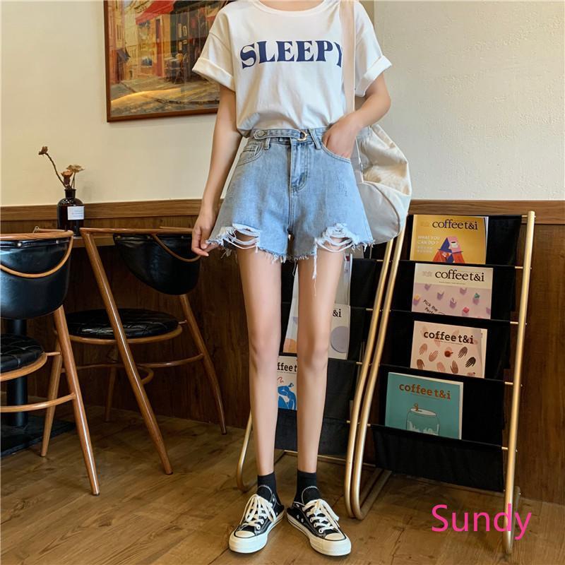 Quần short jean lưng cao dáng chữ A phối rách phong cách mùa hè thời trang cá tính cho nữ