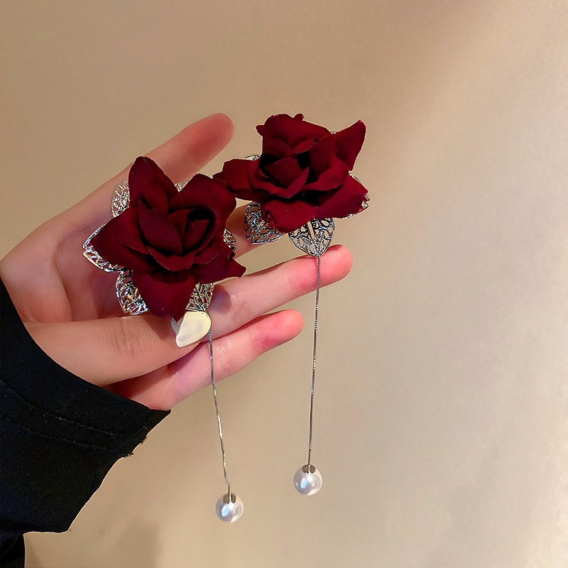 1 Đôi Bông Tai Bạc Hình Hoa Hồng Đính Kim Cương & Ngọc Trai Đỏ Phong Cách Hàn Quốc Thời Trang