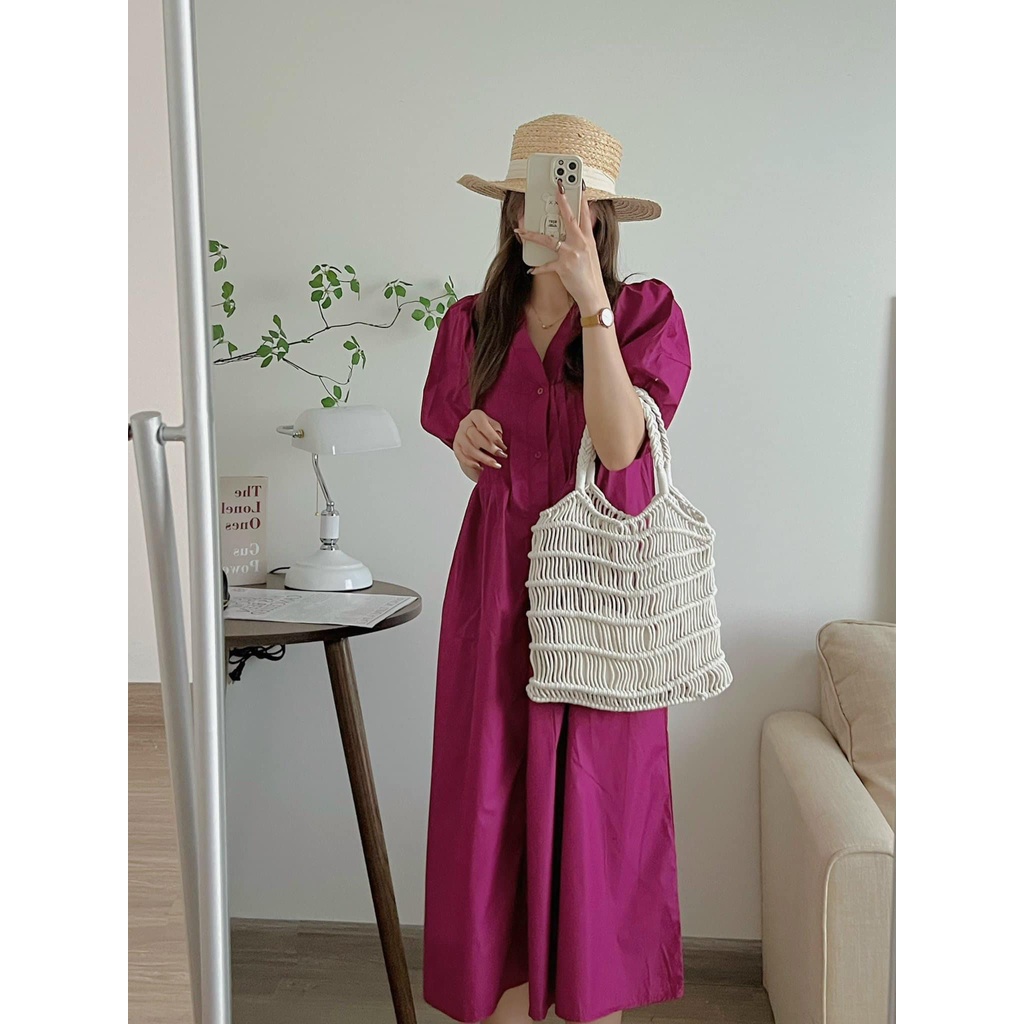 Đầm sơ mi nữ form rộng cổ V xếp ly ngực dọc 3 màu hot trend đi biển Kozoda D71