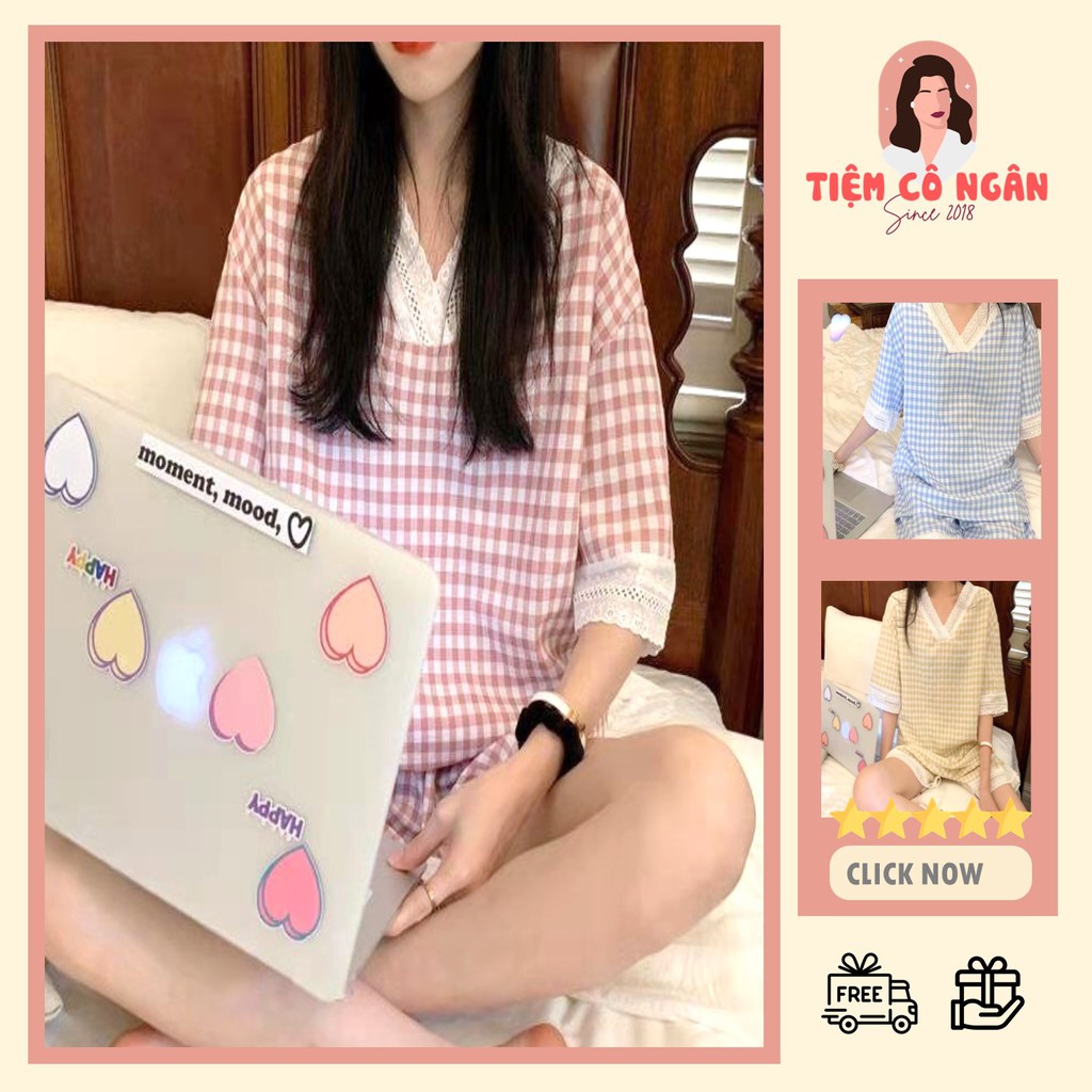 Đồ ngủ nữ cộc tay pijama, Đồ bộ nữ cộc tay dễ thương mùa hè chất mát kẻ caro