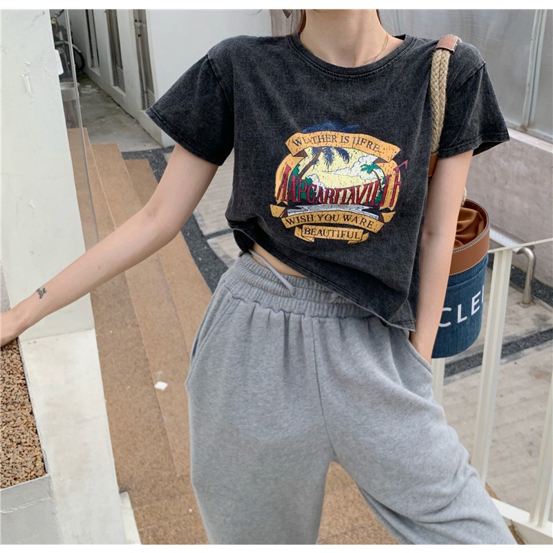 QKOOLE Áo thun nữ  ngắn tay cổ tròn thời trang Hàn Quốc