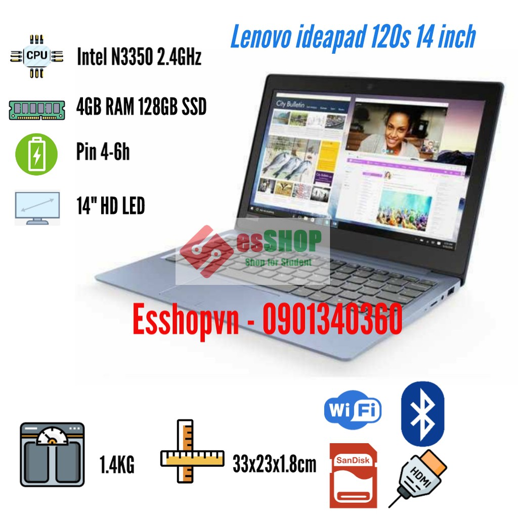 Laptop sinh viên giá rẻ màn hình 14 inch Lenovo ideapad 120S Intel N3350 2.4GHz 4GB RAM 128GB SSD - Likenew 98-99%