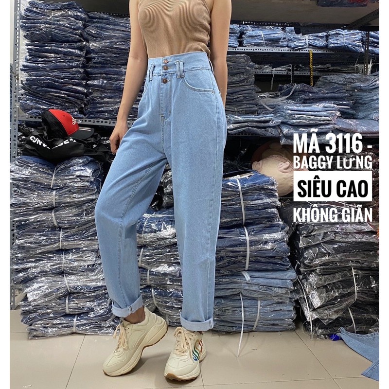 [Size 30-36] Quần Baggy Jeans Boyfriend - Lưng Siêu Cao, Không Giãn, Phối Nút Che Giấu Khuyết Điểm Lộ Dây Kéo