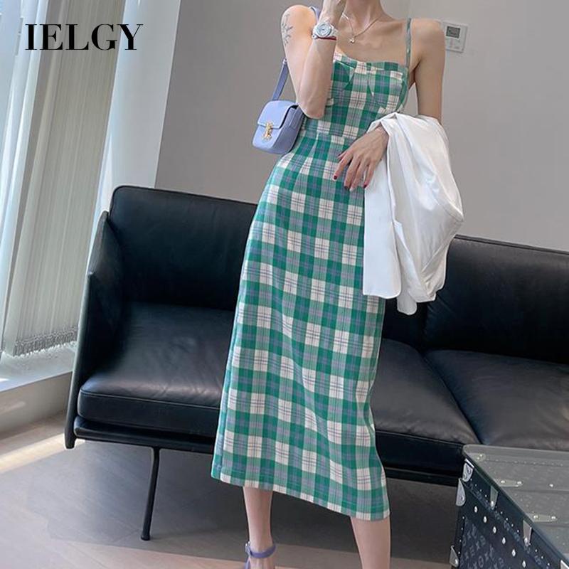Đầm hai dây IELGY ôm dáng hở vai họa tiết sọc caro ngọt ngào thời trang mùa hè cho nữ