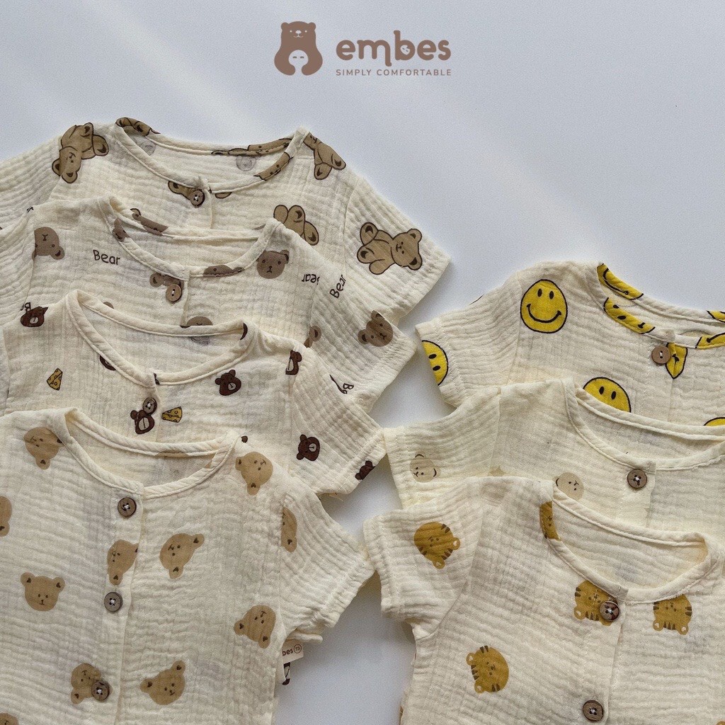 Bộ quần áo vải đũi hình gấu cho bé
