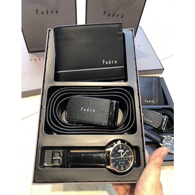 Set bộ Ví dây Nịt Đồng Hồ nam da mềm Pedro Lv Hm Fullbox túi giấy cao cấp quà tặng