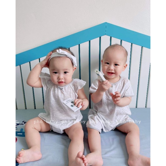 bộ liền thân kẻ cotton giấy siêu nhẹ bé trai, bé gái