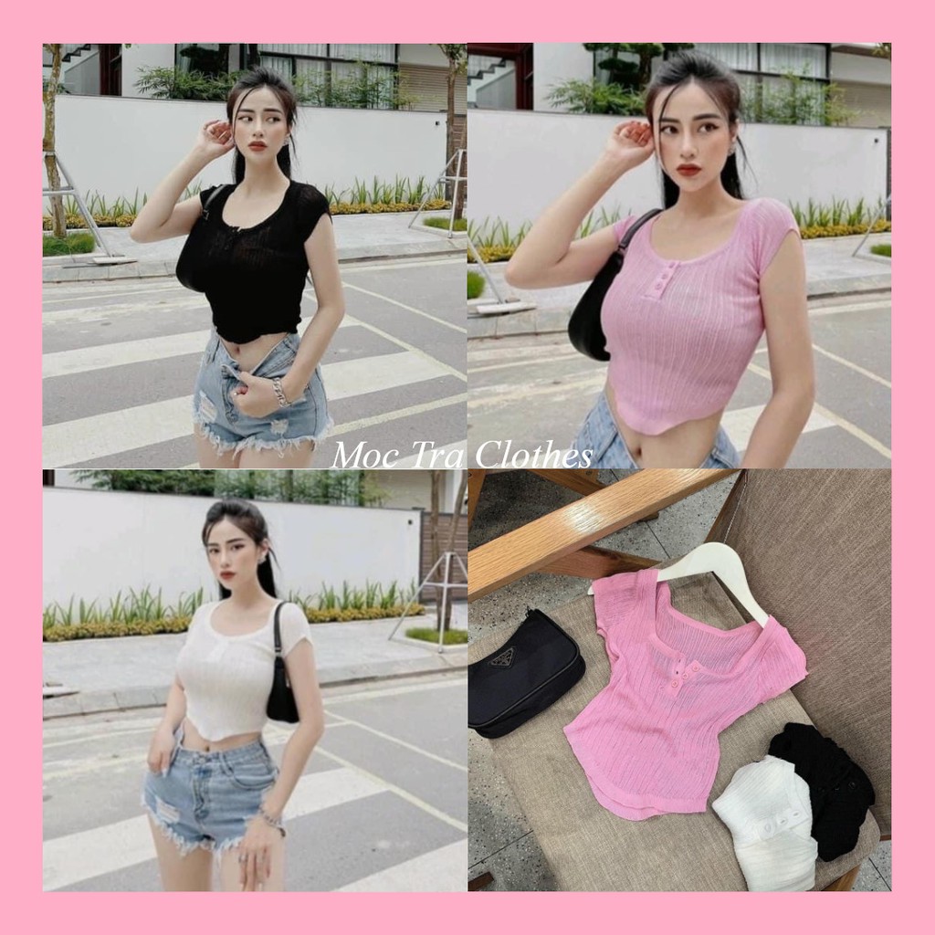 Áo len Quảng Châu ngắn tay mỏng vạt tôm phong cách cá tính dáng ôm 3 màu siêu xinh, Áo kiểu nữ cộc tay siêu co dãn