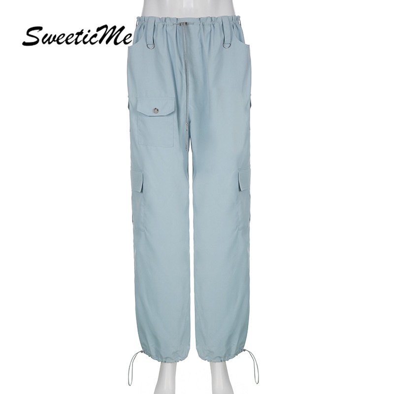 Sweeticme Quần Thể Thao Ống Rộng Lưng Thấp Nhiều Túi Phong Cách Thể Thao   Cho Nữ