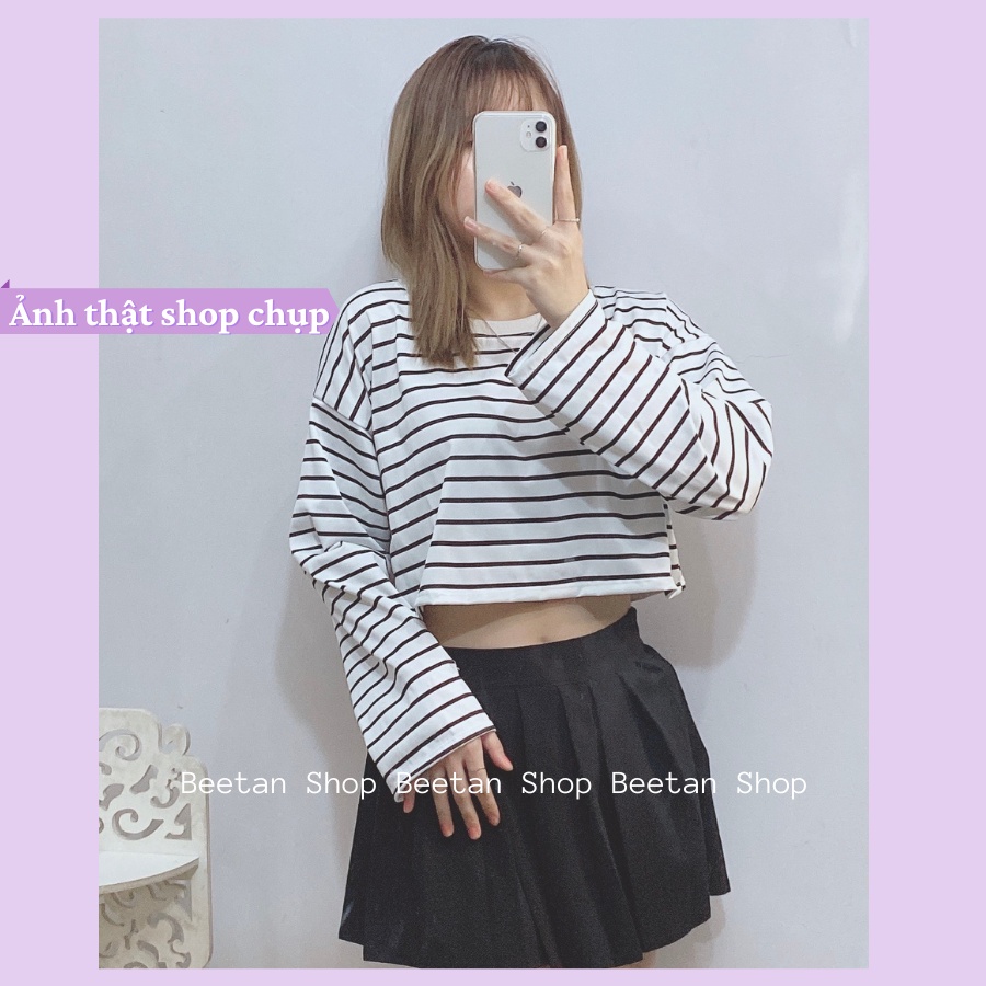 Áo croptop nữ kẻ sọc dài tay ống rộng - áo coptop form rộng dưới 60kg