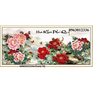 tranh thêu chữ thập hoa mẫu đơn hoa khai phú quý kt 150x75cm
