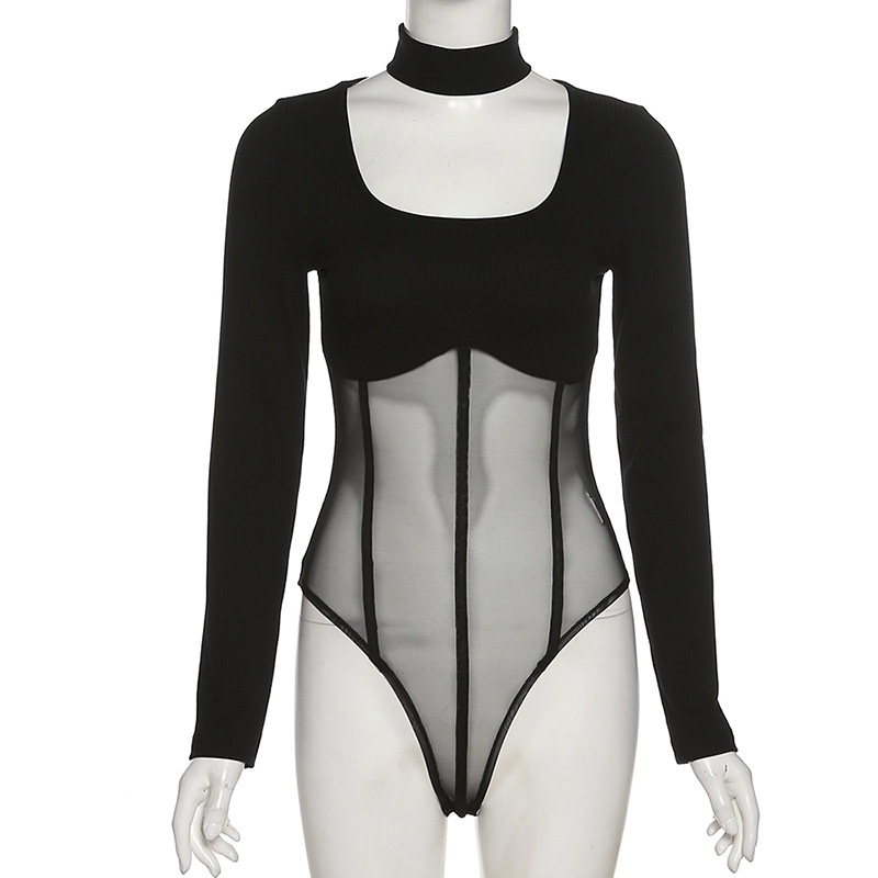 Jumpsuit Tay Dài Phối Lưới Thiết Kế Cổ Chữ U Quyến Rũ