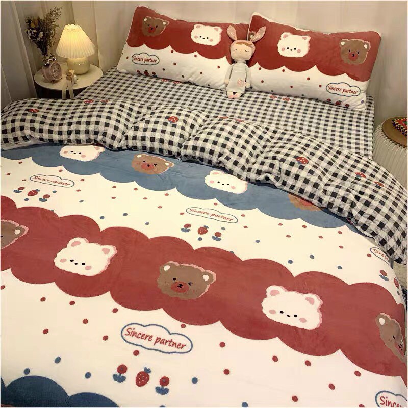Bộ chăn ga gối drap giường chất cotton poly họa tiết gấu thỏ đỏ xanh
