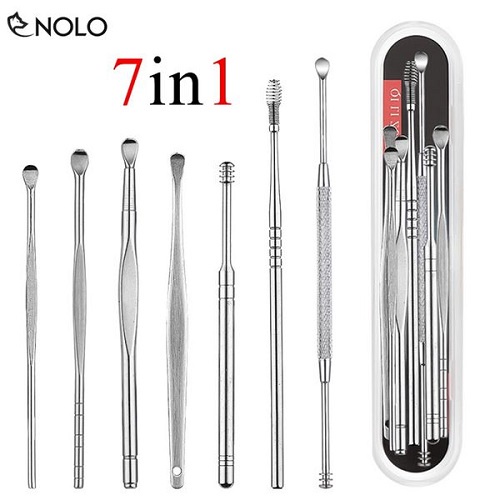 Bộ dụng cụ ráy tai 7 món, đồ lấy ráy tai cao cấp bằng thép không gỉ cho gia đình có hộp đựng