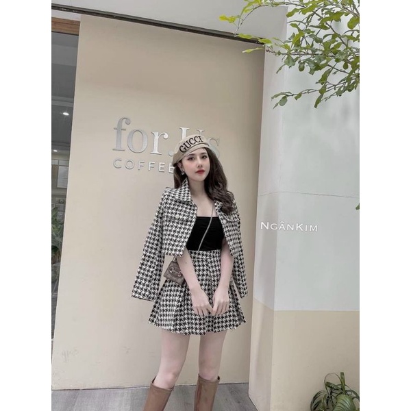 Set dạ tweed gồm áo kèm chân váy sang chảnh kèm ảnh thật